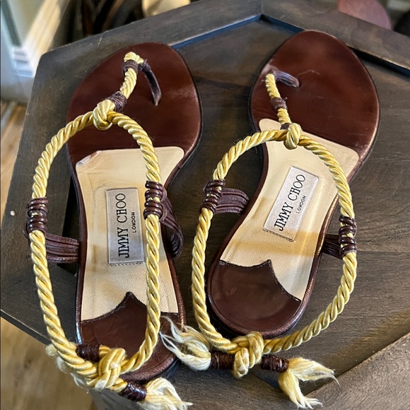 Jimmy Choo, size 7 (EU 37.5) Dark Brown Leather Silk Thong Sandals - Picture 3 of 11